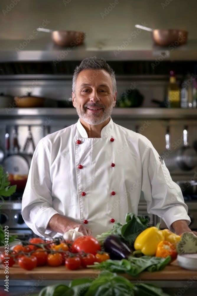 Chef Explaining Health Benefits of Mediterranean Diet Ingredients in Gourmet Kitchen - Culinary Nutrition Video Chef Explaining Health Benefits of Mediterranean Diet Ingredients in Gourmet Kitchen - Culinary Nutrition Video