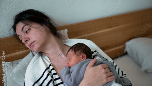 Photography Tired Mother and Newborn Asleep Together During Afternoon Nap in First Week of L