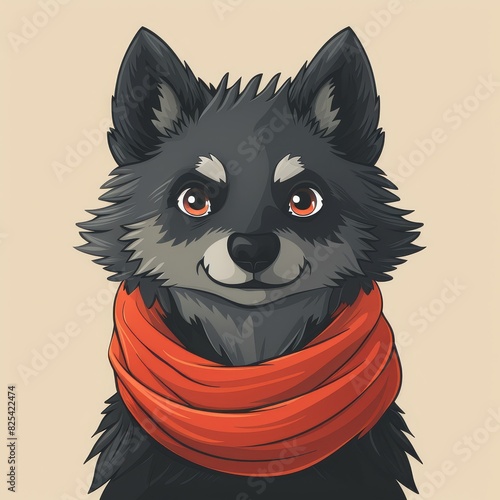 Wolf in halloween theme with a scarf, simple flat line drawing clip art, simple line art illustration with two colors, clipart isolated on a pure solid color pastel cream background photo