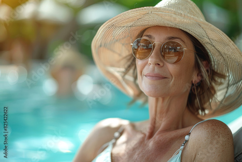 Mature woman in a sunhat and sunglasses lounging by the pool on a sunny day.