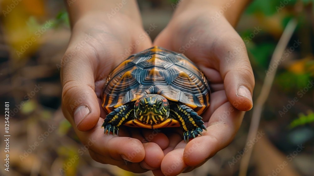 Close-up of hands gently holding a small, colorful baby turtle, showcasing its intricate shell patterns and vibrant colors. Hands Holding a Colorful Baby Turtle Close-up of hands gently holding a small, colorful baby turtle, showcasing its intricate shell patterns and vibrant colors. Hands Holding a Colorful Baby Turtle