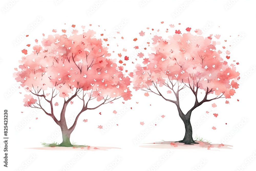 Obraz premium illustration watercolor spring pink cherry blossom tree collection set, grungy texture aquarelle on white background