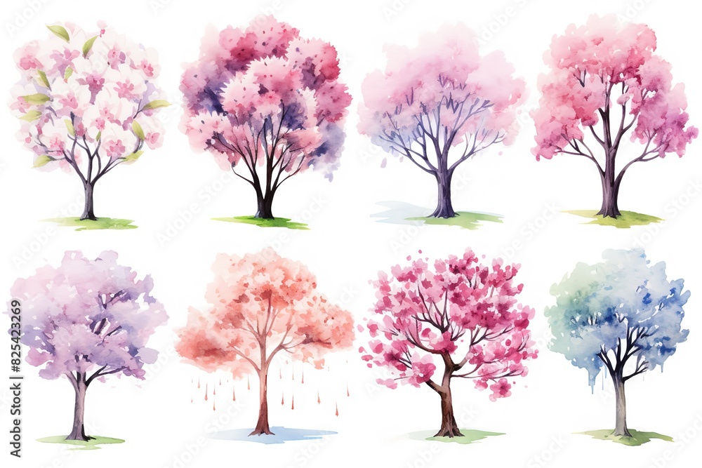 Obraz premium illustration watercolor spring pink cherry blossom tree collection set, grungy texture aquarelle on white background