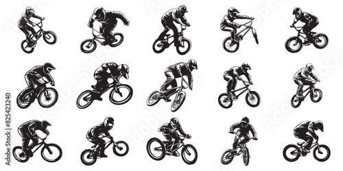 BMX cyclist Performing Stunt silhouettes isolated on white background