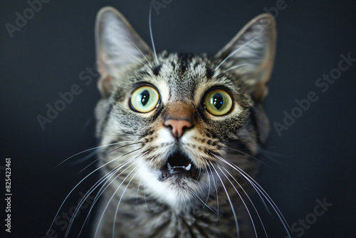 A cat with its mouth open and eyes wide open. The cat appears to be surprised or startled