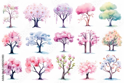 illustration watercolor spring pink cherry blossom tree collection set  grungy texture aquarelle on white background