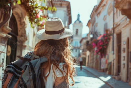 Travel and Skincare: Woman Exploring European City with Day Pack Containing SPF Lotion and Lip Balm © spyrakot