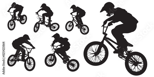Dynamic BMX Bicycle Players Silhouette, Sport, Competition, Hobby, Youth. isolated on white background