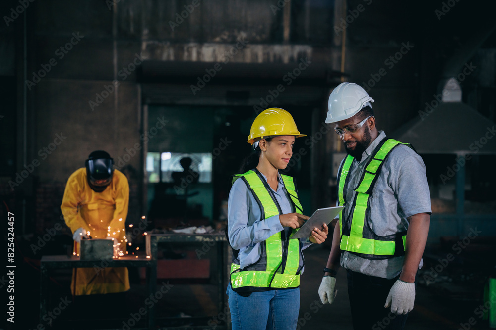 A group of workers are standing in a factory, one of them holding a tablet A group of workers are standing in a factory, one of them holding a tablet