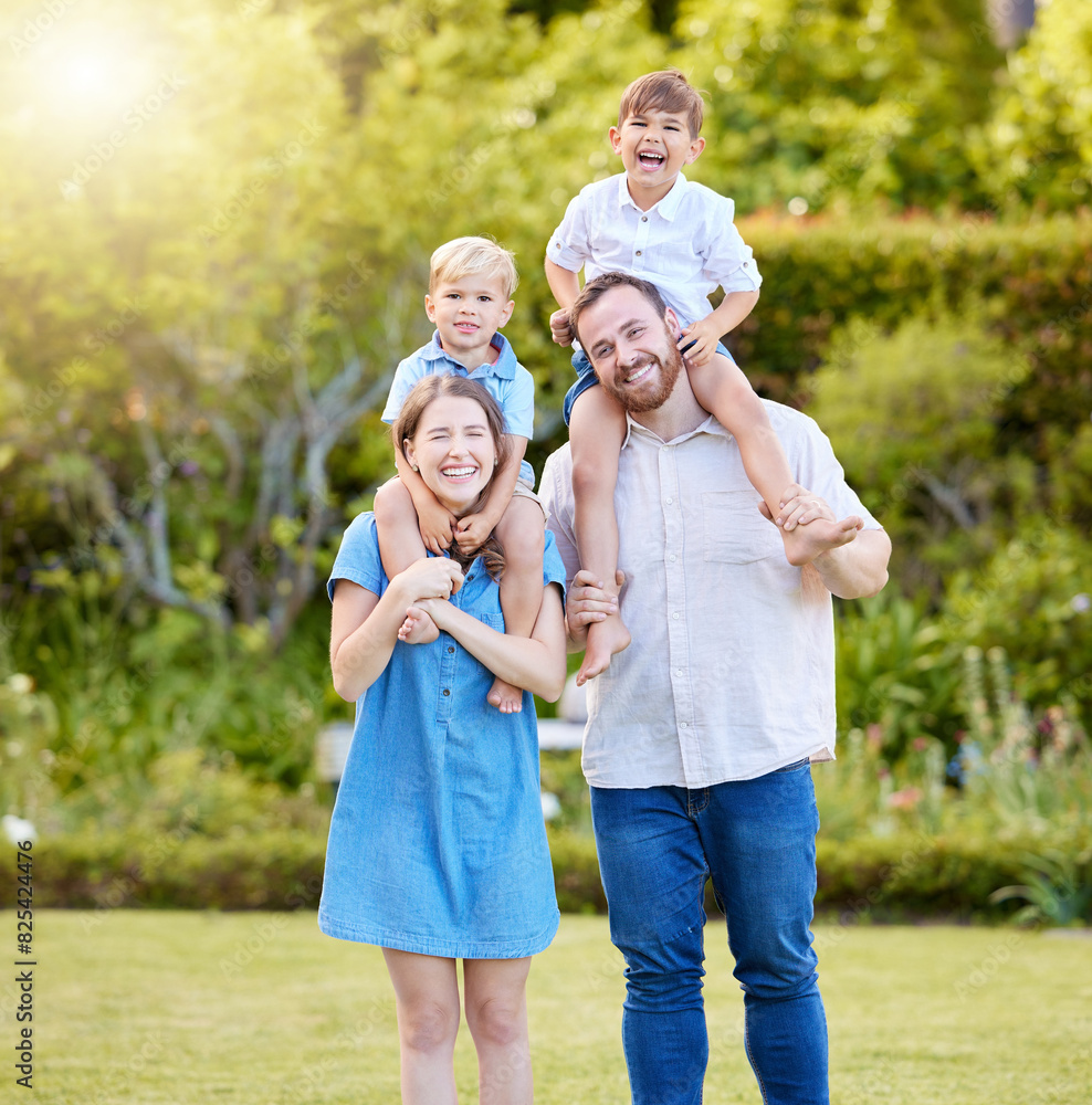 Smile, portrait and children on parents shoulders in nature with hug, love and care for bonding together. Happy, fun and boy kids playing with mother and father in outdoor park, field or garden. Smile, portrait and children on parents shoulders in nature with hug, love and care for bonding together. Happy, fun and boy kids playing with mother and father in outdoor park, field or garden.
