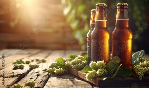 Craft beer bottles. Warmly lit by sunlight, with fresh hops in the foreground