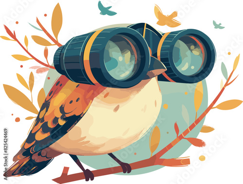Vector of a bird wearing binoculars, birdwatching