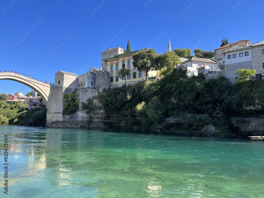 Fototapeta premium Scenic View of Stari Most Bridge and Neretva River in Mostar