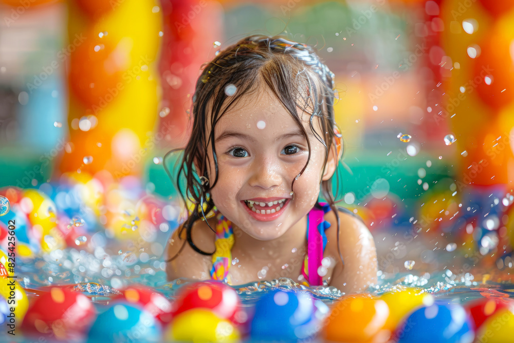 Happy child enjoying water park fun with splashes and smiles.