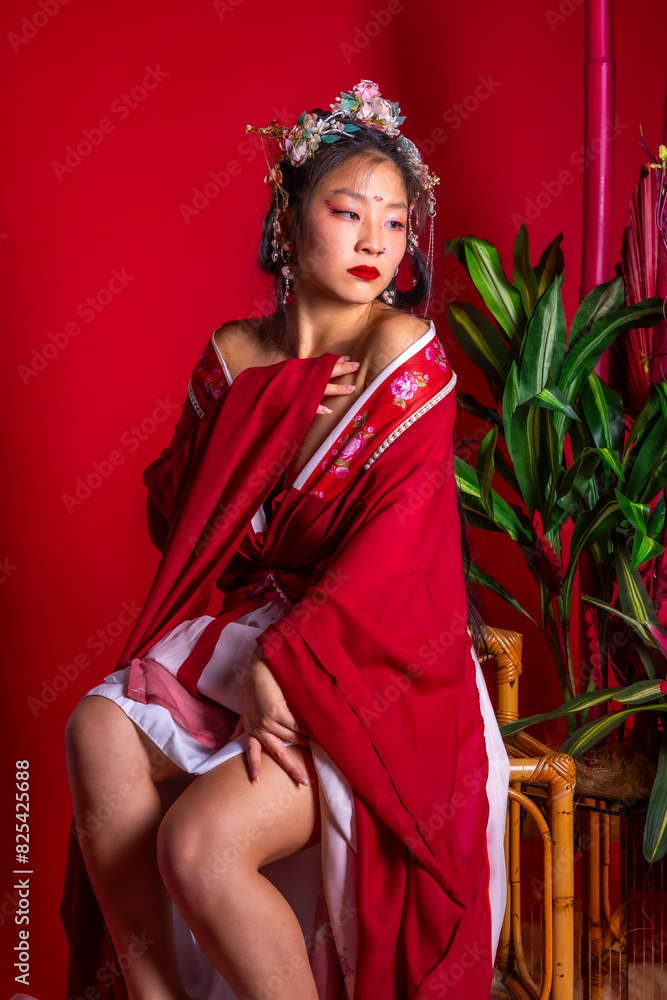 A woman in a red dress is sitting on a chair A woman in a red dress is sitting on a chair