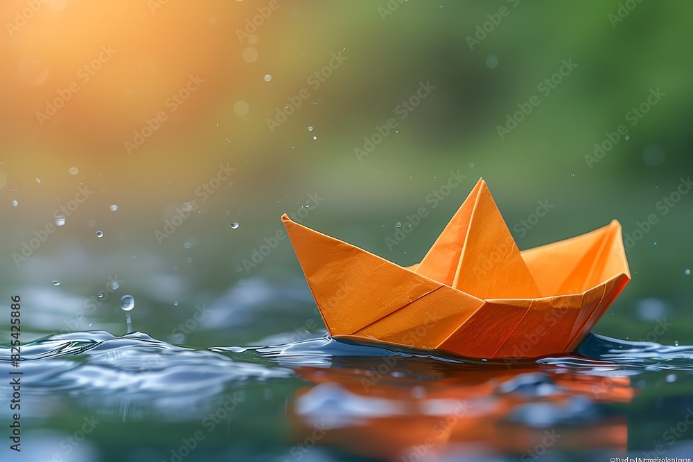 Obraz premium An orange paper boat floats on a puddle of water with raindrops falling around it. The sun shines through the trees in the background.