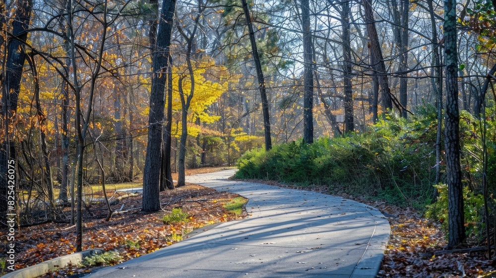 A greenway trail curving through the trees in Raleigh, North Carolina