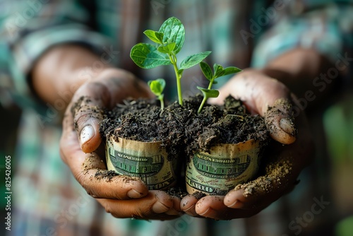 Two young plants sprout from rolled-up dollar bills, held in dirty hands. photo