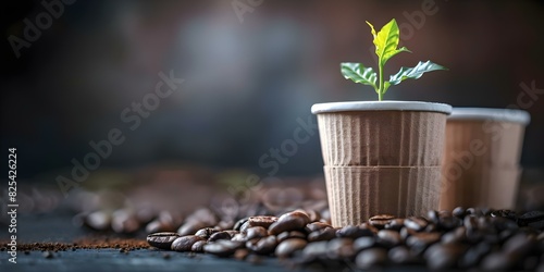 Nurturing Sustainability: Cardboard Coffee Cup Growing Green Plant Among Roasted Coffee Beans. Concept Sustainable Living, Eco-friendly Practices, Green Innovations, Coffee Cup Reuse photo