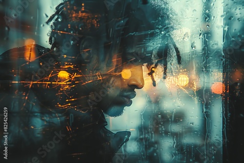 A man with glowing eyes stares out of a rain-streaked window  the city lights reflecting in the wet glass.