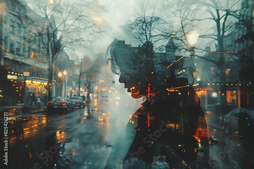 A mysterious figure stands in a misty city street, with glowing lights reflecting off the wet pavement photo
