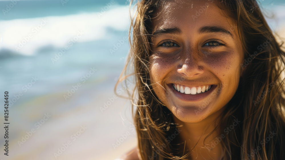 Portrait of a smiley young woman with a long hair. Sunny day vacation on a beach. Portrait of a smiley young woman with a long hair. Sunny day vacation on a beach.