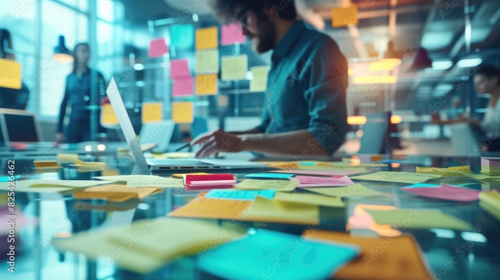 Project manager looking at financial data while brainstorming marketing idea by using colorful sticky notes. Smart business people workoing and planning strategy while wearing casual cloth. AIG42.