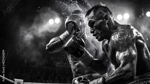 A dramatic and intense moment in a boxing match, capturing the power, precision, and determination of the fighters in the ring, with the audience on the edge of their seats.