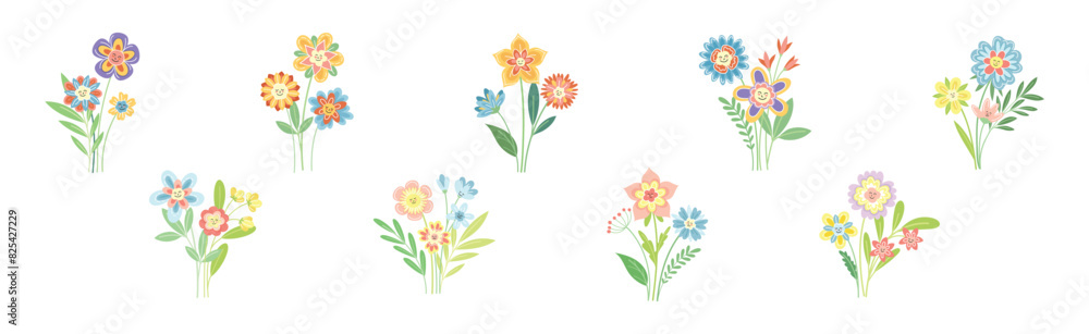 Smiling Flowers on Stalk with Petal and Green Leaf Vector Set