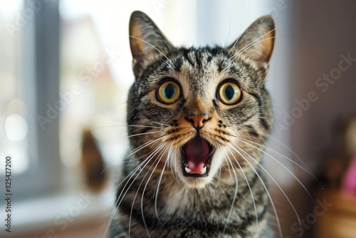 A cat with its mouth open and eyes wide open. The cat appears to be surprised or startled photo