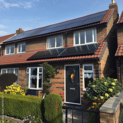 Sustainable Energy Solution: Black Samsung Solar Panels Installed on a UK Terraced House  © FU