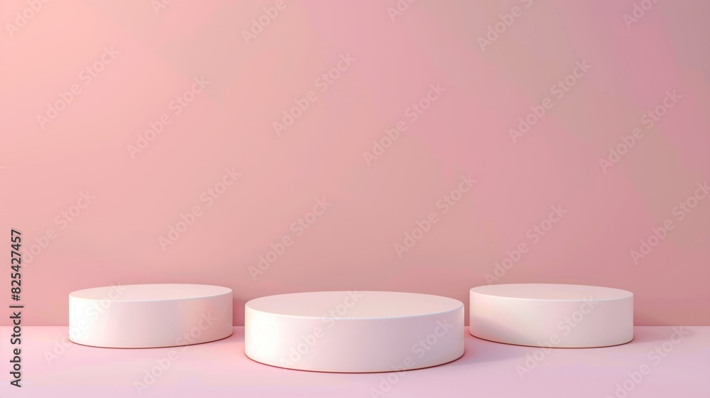 Three Minimalist Pink Toned Round Podiums for Product Presentation on Empty Background. Ideal for E-commerce and Advertising Displays, Showcasing Minimalist Style and Elegance. Three Minimalist Pink Toned Round Podiums for Product Presentation on Empty Background. Ideal for E-commerce and Advertising Displays, Showcasing Minimalist Style and Elegance.