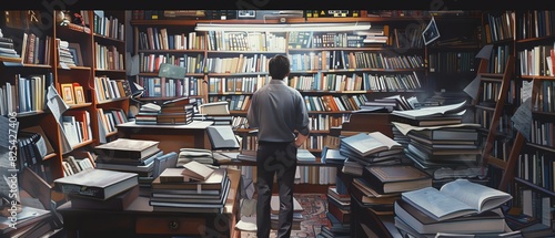 The image shows a large library with a person standing in the middle of it