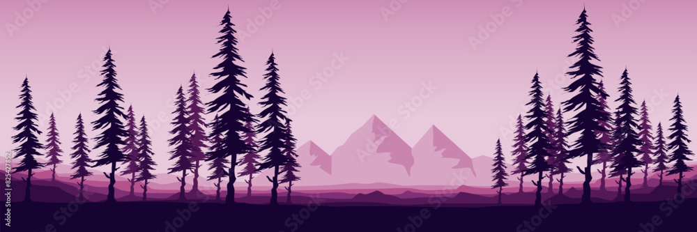 Fototapeta premium mountain landscape with tree silhouette flat design vector illustration for background, banner, backdrop, tourism design, advertising and business