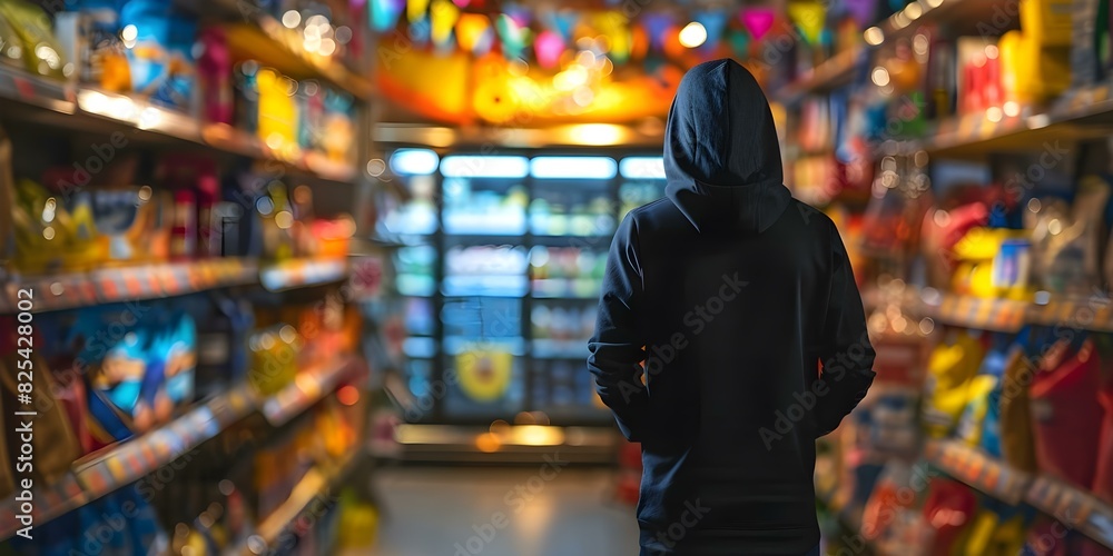 Person in a Hoodie in a Store Depicting Retail Security. Concept Retail Security, Hoodie, Surveillance Cameras, Shoplifting Prevention