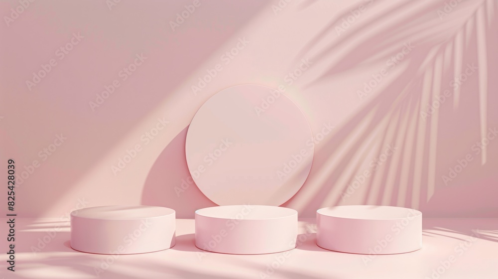 Three Minimalist Pink Toned Round Podiums for Product Presentation on Empty Background. Ideal for E-commerce and Advertising Displays, Showcasing Minimalist Style and Elegance. Three Minimalist Pink Toned Round Podiums for Product Presentation on Empty Background. Ideal for E-commerce and Advertising Displays, Showcasing Minimalist Style and Elegance.