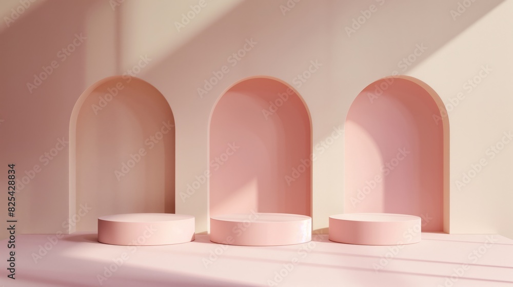 Three Minimalist Pink Toned Round Podiums for Product Presentation on Empty Background. Ideal for E-commerce and Advertising Displays, Showcasing Minimalist Style and Elegance. Three Minimalist Pink Toned Round Podiums for Product Presentation on Empty Background. Ideal for E-commerce and Advertising Displays, Showcasing Minimalist Style and Elegance.