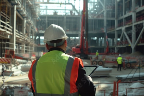 Civil engineer checking blueprint while standing at construction site. Professional architect or construction worker wearing safety helmet while looking at house structure and project plan. AIG42.