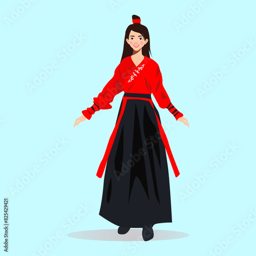 Chinese woman in traditional dress, cartoon illustration 