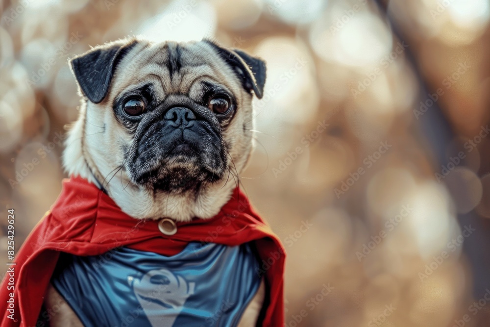 Pug dog dressed in a superhero outfit with a vibrant bokeh background.