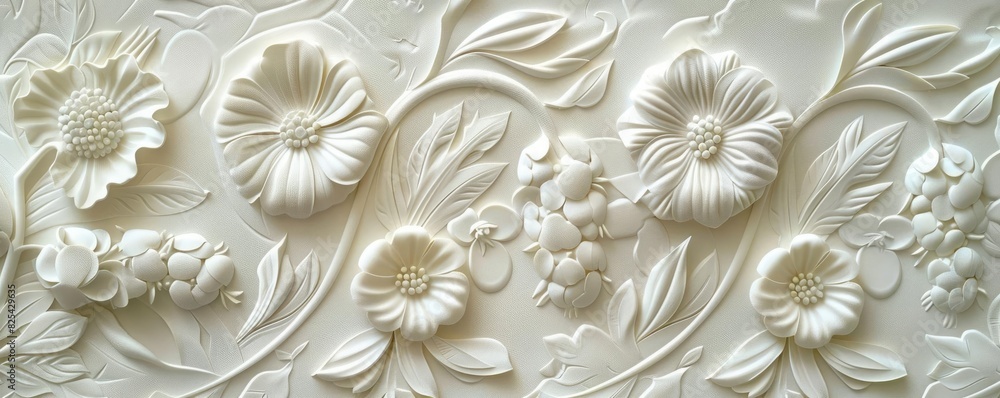 custom made wallpaper toronto digitalElegant white floral relief sculpture with intricate detailing, perfect for decorative art, home decor, and architectural designs.