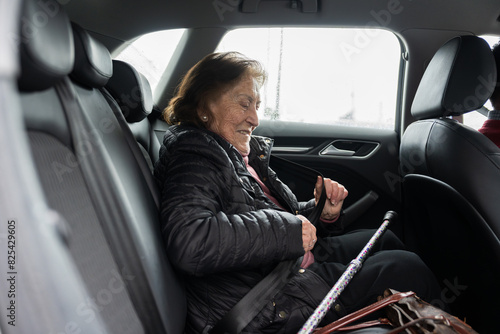 Joyful senior woman riding in car photo