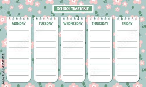 Cute kawaii printable school timetable with pastel floral background