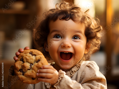 Close up portrait of a happy little child holding a big fresh baked cookie  blurred background 