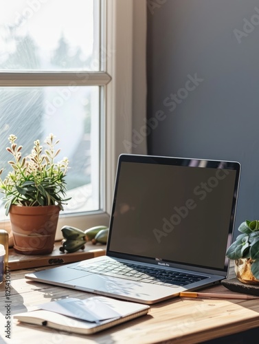 A modern social media post mockup on a laptop screen, with a creative desk setup, suitable for design or freelance work promotions. © Armir