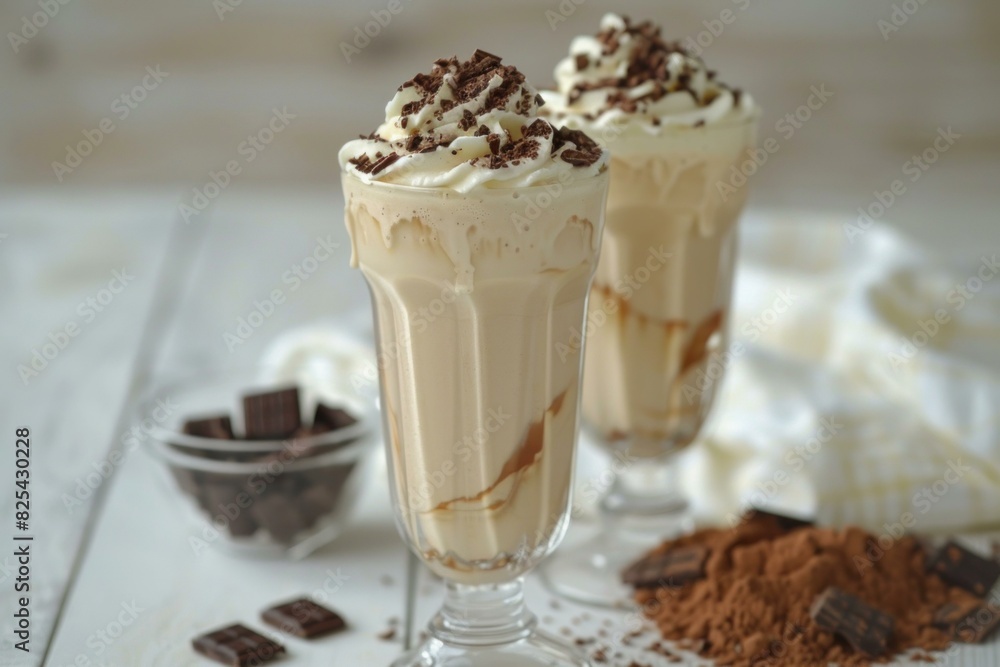 Indulge in a refreshing summer treat with our decadent chocolate milkshake duo, featuring rich, creamy milkshakes garnished with whipped cream, chocolate shavings, and a tempting caramel drizzle Indulge in a refreshing summer treat with our decadent chocolate milkshake duo, featuring rich, creamy milkshakes garnished with whipped cream, chocolate shavings, and a tempting caramel drizzle