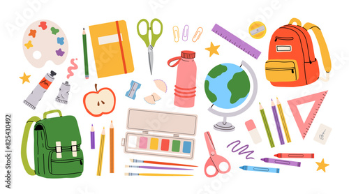 Cute school stationery and Art Supplies big Set, cartoon style. Kawaii accessories for study, student equipment. Back to school. Trendy modern vector illustration isolated on white, hand drawn, flat