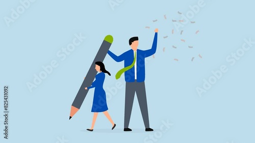 boss takes credit of your work, 4k animation of young pity woman working hard holding big pencil with bigger businessman liar get reward from her work. photo