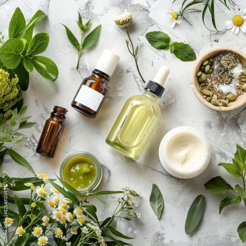 Natural and Organic Skincare Products with Fresh Herbs and Flowers for a Botanical Self-Care Routine