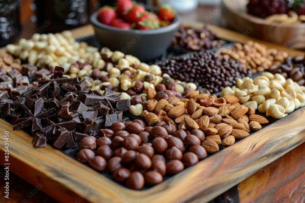 Delectable platter featuring various chocolates, almonds, and hazelnuts, perfect for snacking